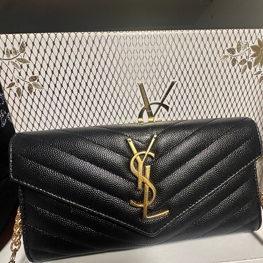 Yves Saint Laurent YSL Black Quilted Clutch Wallet with Gold Chain